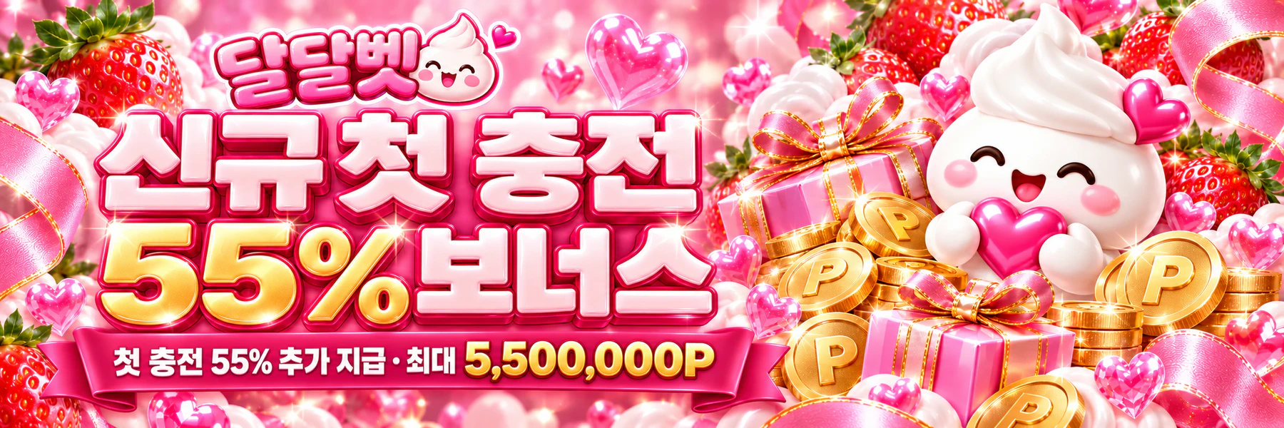 달달벳 신규 첫 충전 55% 보너스. 첫 충전 55% 추가 지급 · 최대 5,500,000P
